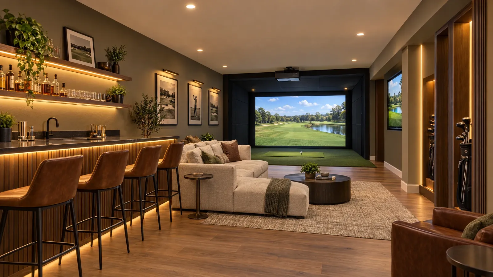 The same basement finished as a golf simulator bay