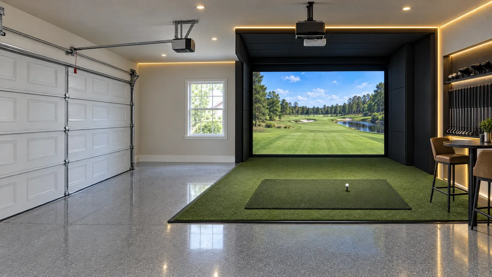 The same garage finished as a golf simulator bay
